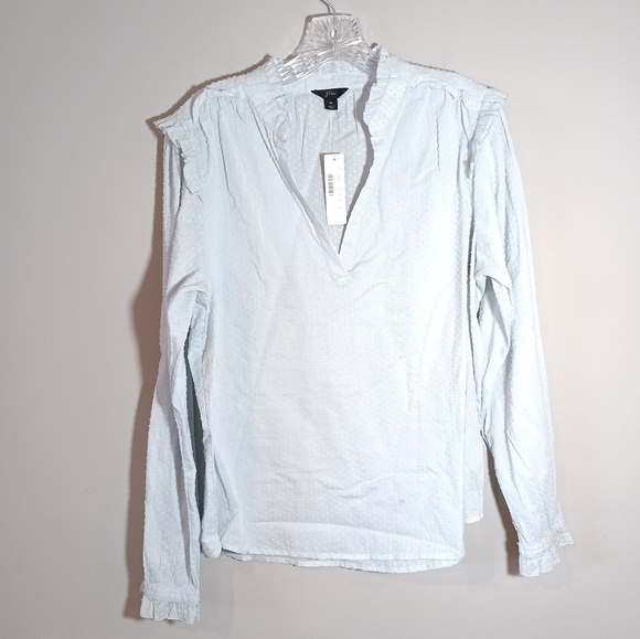 J. Crew Ruffle Trim V Neck Popover in Clip Dot Pale Blue Size M New NWT - Picture 1 of 8